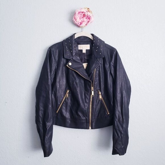 Michael Kors Black Faux Leather Gold Studded Jacket - Picture 1 of 8